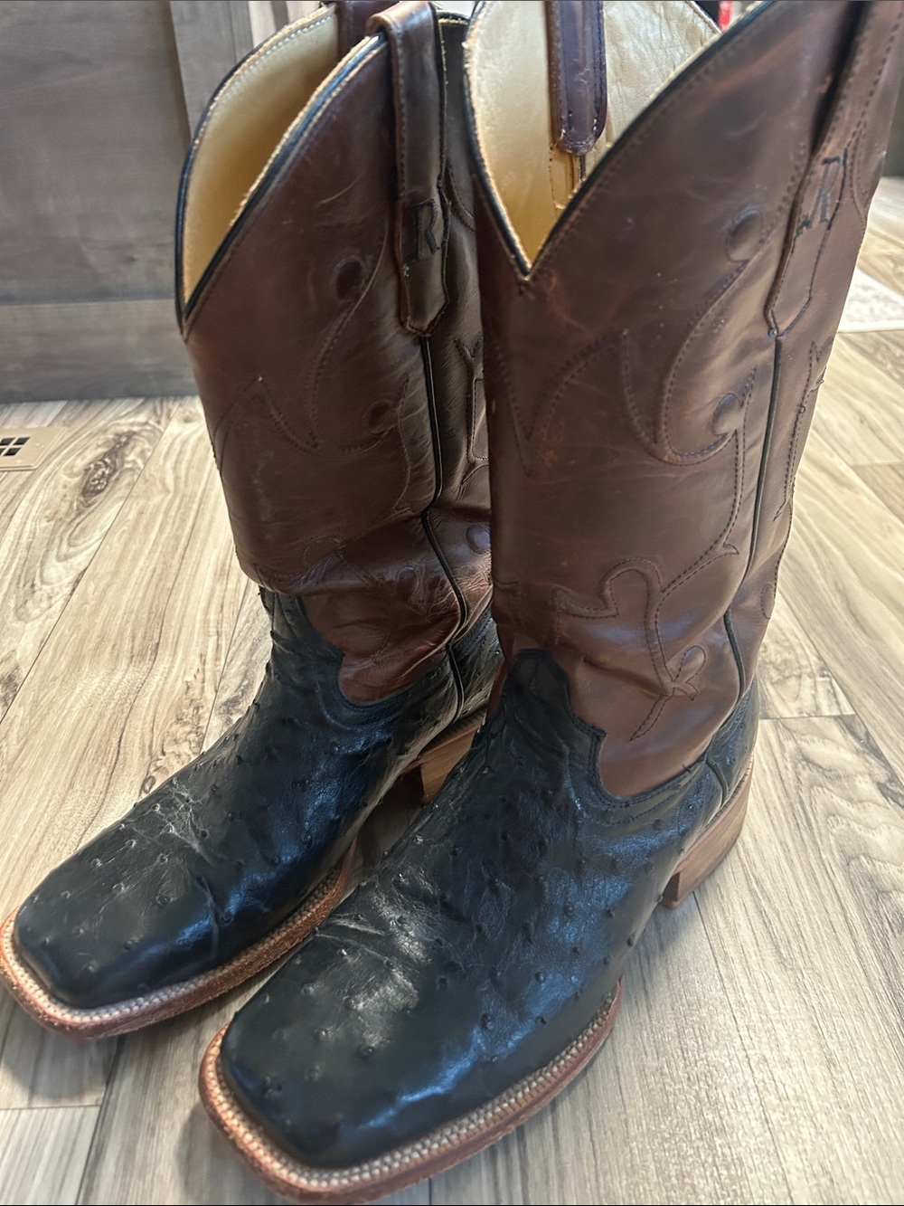 Men's Two-Tone Brown and Black Ostrich Western Cowboy Boots